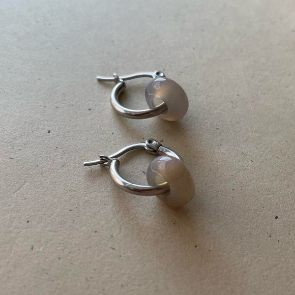 Silver Grey Agate Stone Hoops - Picture 3 of 5